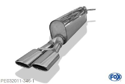 PE032011-346, Peugeot 308cc 1.6l THP 147kW, Einddemper met eindstuk 2x106x71mm  Type 32 55mm Buisdiameter Geheel RVS, Absortie demper, mooie diepe sound, Met E-keur