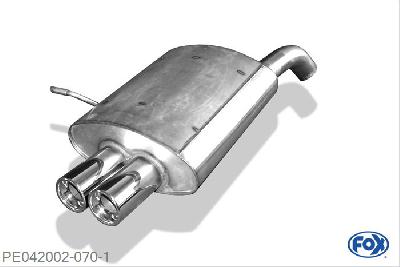 PE042002-070, Peugeot 407 - 2,2l 16V 2.2l 16V 116/120kW, Einddemper met eindstuk 2x80mm  Type 13 60mm Buisdiameter Geheel RVS, Absortie demper, mooie diepe sound, Met E-keur