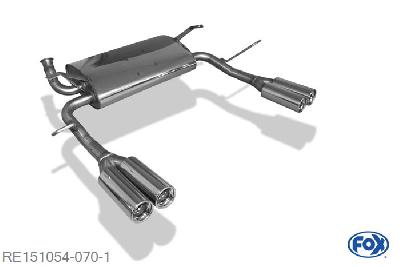 RE151054-070, Renault Laguna II B74 - Limousine 1.6l 79kW 1.8l 85/86/89kW 2.0l 99/103kW 3.0l V6 152kW 1.9l D 74/77/79/88kW, Einddemper met uitgang rechts/links  - 2x80mm  Type 13 rechts/links Geheel RVS, Absortie demper, mooie diepe sound, Met E-keur