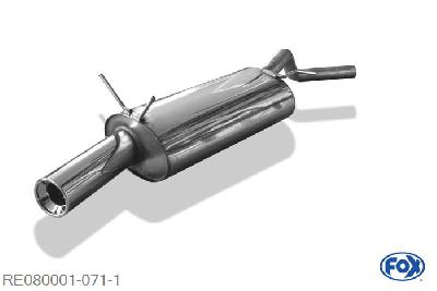 RE080001-071, Renault Megane I - Typ BA/ EA/ JA 1.4l 52/55/70kW 1.6l 55/66/79kW 1.8l 85kW 2.0l 80/84kW 1.9l dTi 47/66/69/72kW, Einddemper met eindstuk 1x90mm  Type 13 Geheel RVS, Absortie demper, mooie diepe sound, Met E-keur