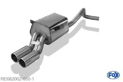 RE082002-050, Renault Megane III Schragheck/ Coupe 1.4l 96kW 1.6l 74/81kW 1.5l dCi 63/66/78kW 1.6l dCi 96kW 1.9l dCi 96kW 2.0l dCi 110/118kW, Einddemper met eindstuk 2x80mm  Type 12 55mm Buisdiameter Geheel RVS, Absortie demper, mooie diepe sound, Met E-keur