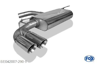 SE042007-290, Seat Leon 5F - Onafhankelijke wielophanging 1.2l 63/77/81kW 1.4l 81/90/92/103/110kW 1.6l TDI 66/77/81kW 2.0l TDI 81/105/110kW, Einddemper einseitig - 2x80mm  Type 25 70mm Buisdiameter Geheel RVS, Absortie demper, mooie diepe sound, Met E-keur