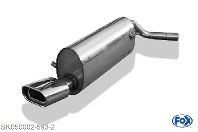 SK050002-593, Skoda Fabia Typ 6Y2/ 5J - 3/5-turig 1.0l 37kW 1.2l 40/ 47kW 1.4l 44/50/55/74kW 1.4l TDI 55kW 1.9l SDI 47kW 1.9l TDI 74kW, Einddemper met eindstuk 135x80mm  Type 53 50mm Buisdiameter Geheel RVS, Absortie demper, mooie diepe sound, Met E-keur