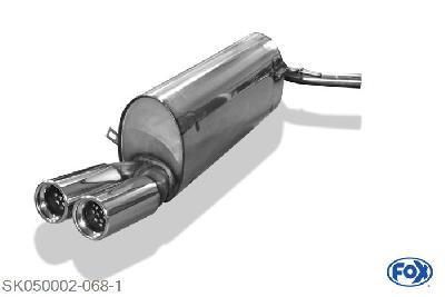 SK050002-068, Skoda Fabia Typ 6Y2/ 5J - 3/5-turig 1.0l 37kW 1.2l 40/44/47/51kW 1.4l 44/50/59/63/74kW 1.6l 77kW 1.4l TDI 51/55/59kW 1.9l SDI 47kW 1.9l TDI 74/77kW, Einddemper met eindstuk 2x76mm  Type 13 50mm Buisdiameter Geheel RVS, Absortie demper, mooie diepe sound, Met E-keur