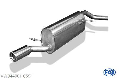 VW044001-069, VW Polo 6R 1.2l 44/51/77kW 1.4l 63kW 1.2l TDI 77kW 1.6l TDI 55/66/77kW, Einddemper met eindstuk 1x80mm  Type 13 55mm Buisdiameter Geheel RVS, Absortie demper, mooie diepe sound, Met E-keur