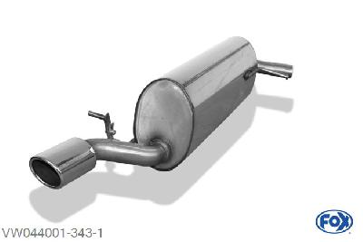VW044001-343, VW Polo 6R 1.2l 44/51/77kW 1.4l 63kW 1.2l TDI 77kW 1.6l TDI 55/66/77kW, Einddemper met eindstuk 88x74mm  Type 32 55mm Buisdiameter Geheel RVS, Absortie demper, mooie diepe sound, Met E-keur