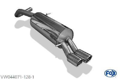 VW044071-128, VW Polo 6R - GT und GTI 1.4l 103/110/132kW 1.8l 141kW, Einddemper 63,5mm - 2x76mm  Type 16 63,5mm Buisdiameter Geheel RVS, Absortie demper, mooie diepe sound, Met E-keur