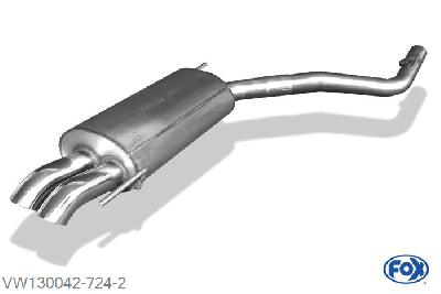 VW130042-724, VW T4 - Frontantrieb - Bus/ Transporter/ Multivan/ Caravelle 1.9l 49kW 2.0l 62kW 2.5l 81/85kW 2.8l 103/150kW 1.9l D/TD 44/50kW 2.4l D 55/57kW 2.5l TDI 65/75/111kW, Einddemper met eindstuk 2x63mm  Type 28 60mm Buisdiameter Geheel RVS, Absortie demper, mooie diepe sound, Met E-keur